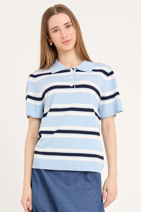 Polo Stripe Knit Blouse Light Blue/White Stripe