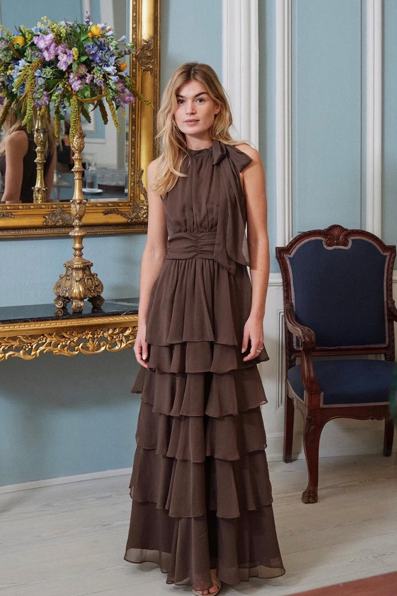 Marli Solid Chiffon Dress Brown