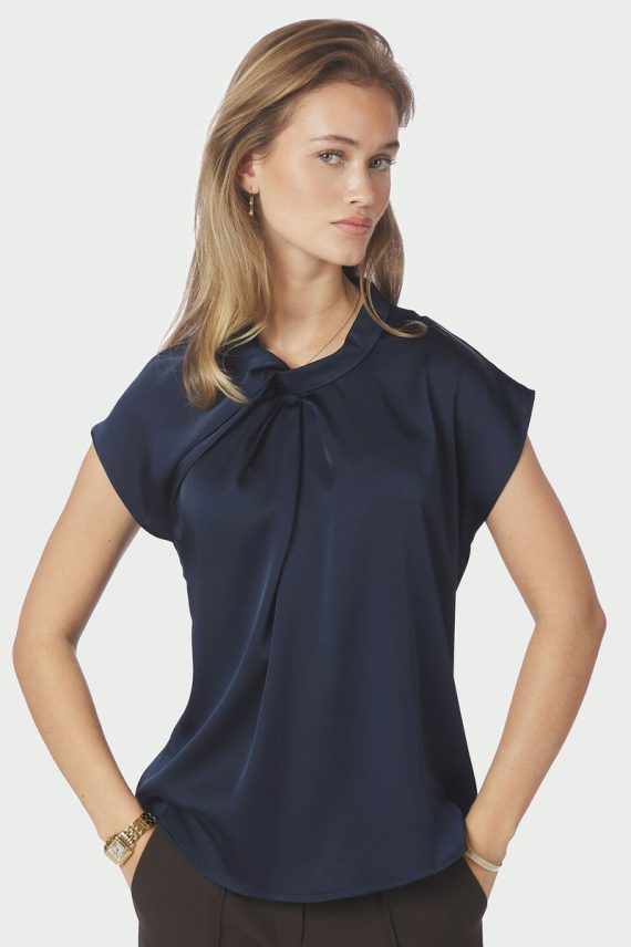 Fleur Drapy Satin Blouse Navy