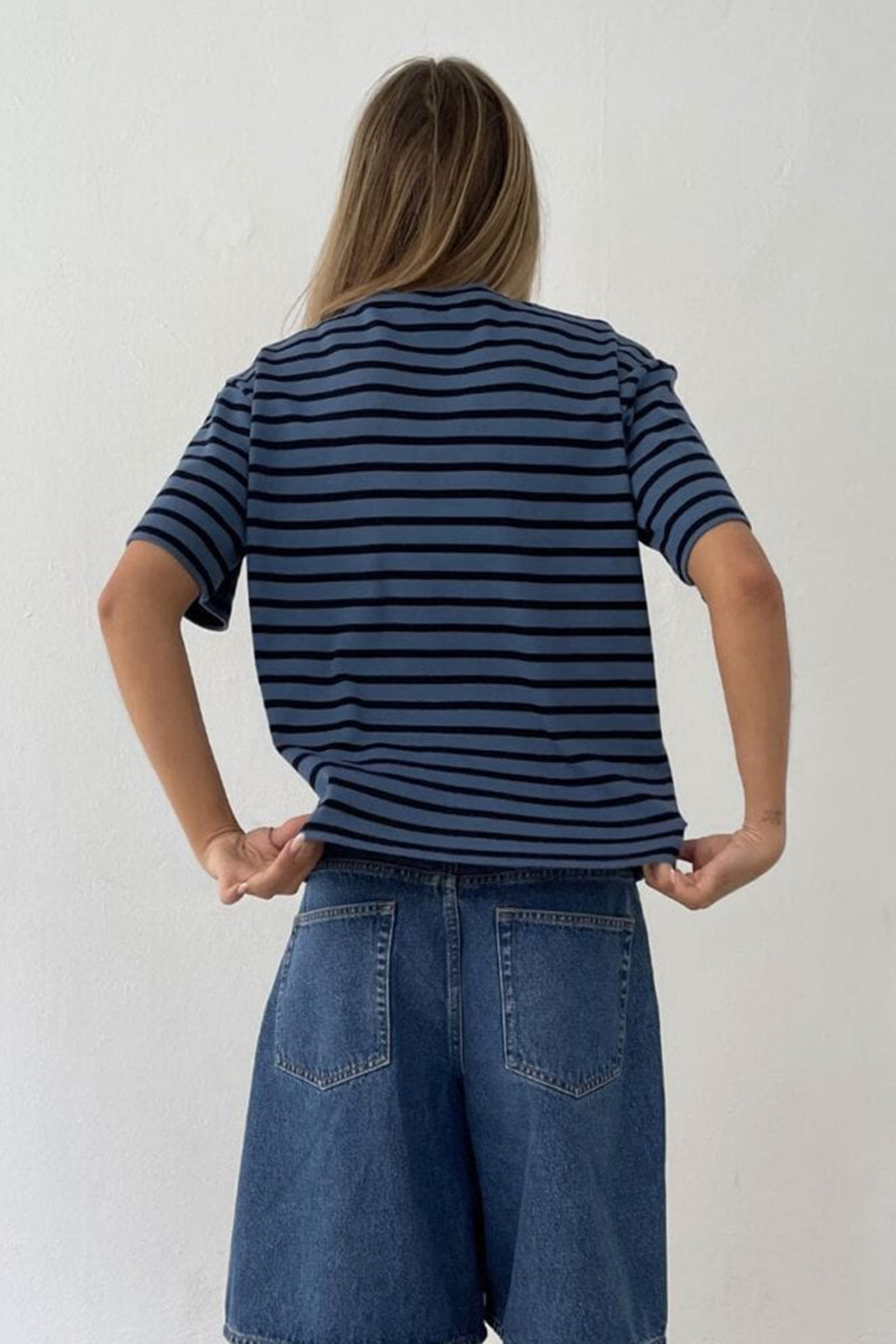Mejse O-neck Tee Stripe Dusty Blue/Navy - Bilde 2