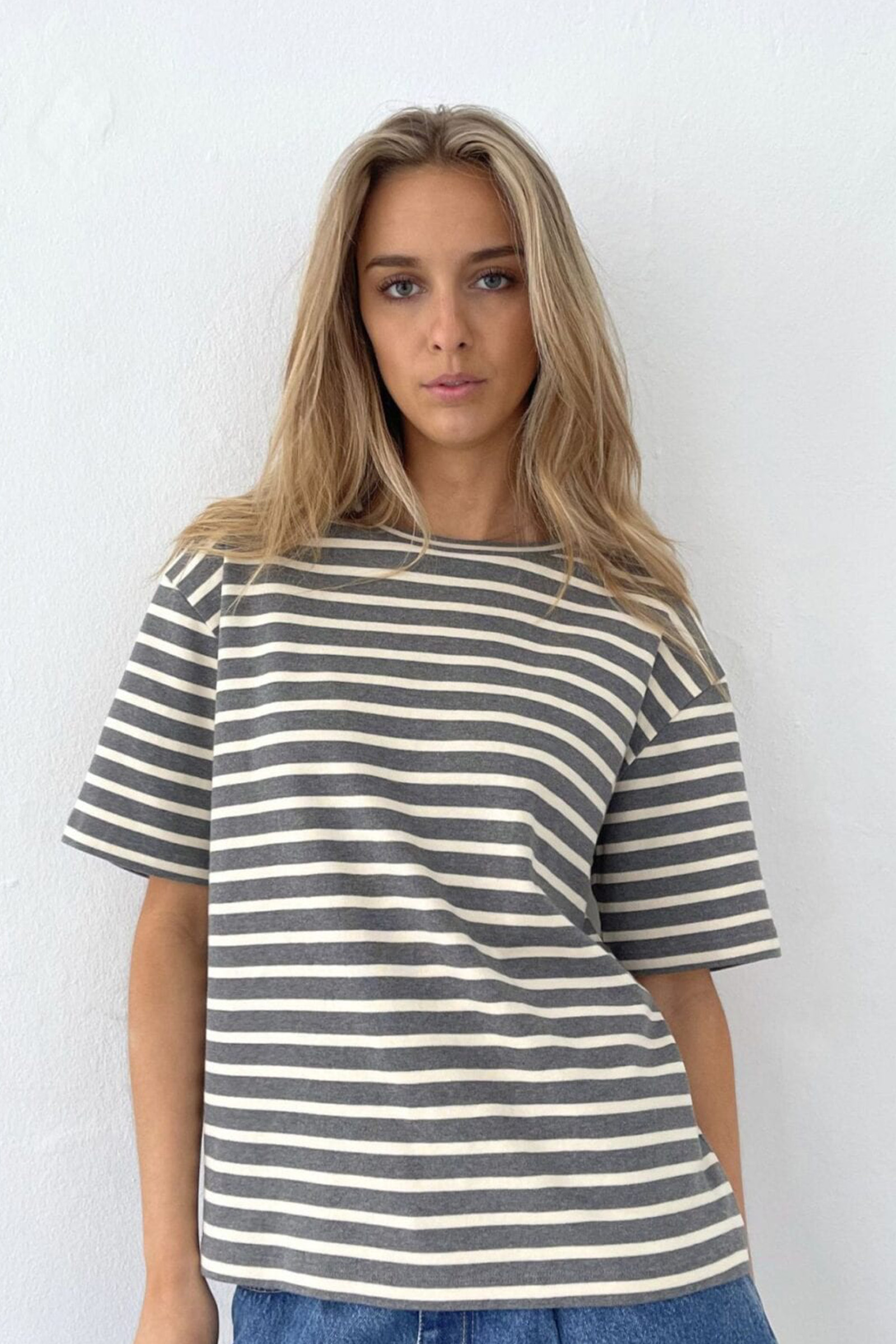 Mejse O-neck Tee Stripe Grey Melange/Off-white