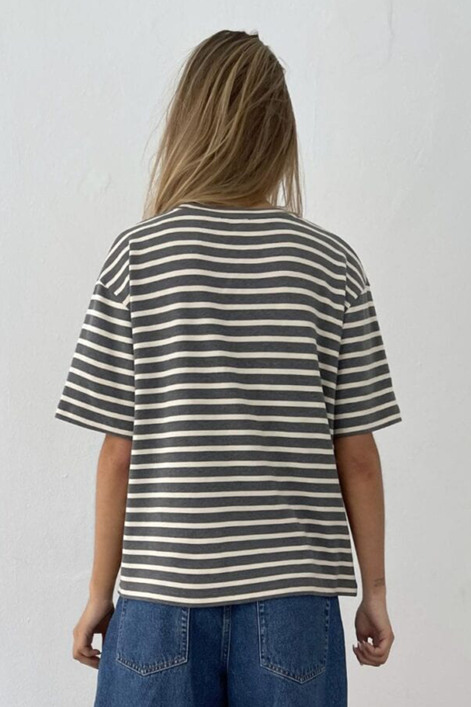 Mejse O-neck Tee Stripe Grey Melange/Off-white - Bilde 2