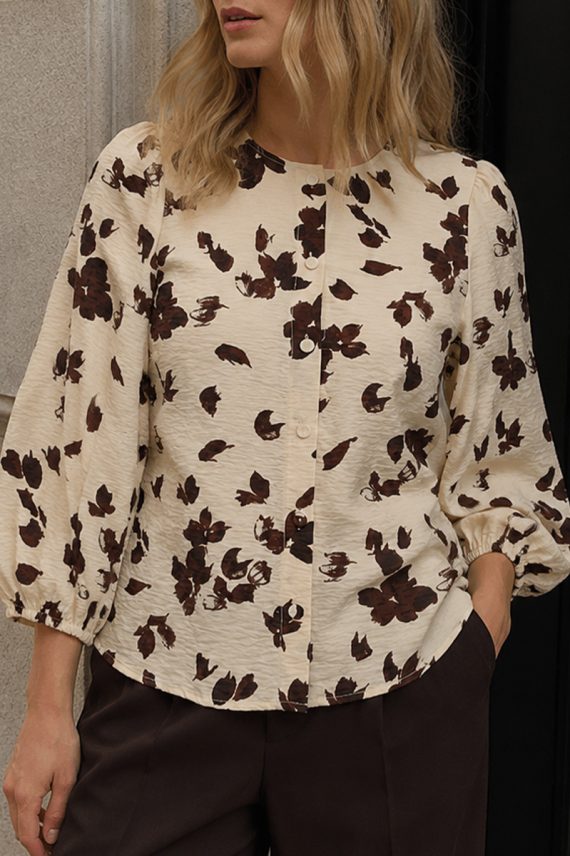 ChanniePW Shirt Oatmeal Feather Flower Print