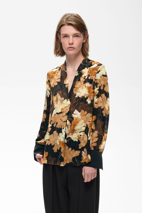 MasonIW V-Neck Blouse, Black W Yellow Fall Leaves