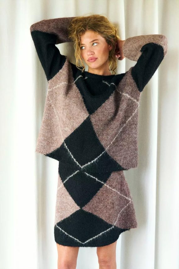 Inga Check Fluff Knit Blouse Dark Brown
