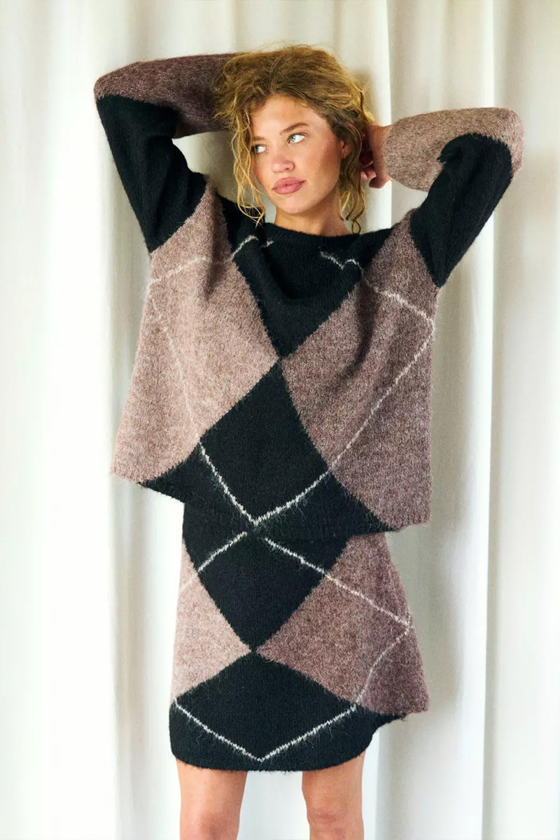 Inga Check Fluff Knit Blouse Dark Brown