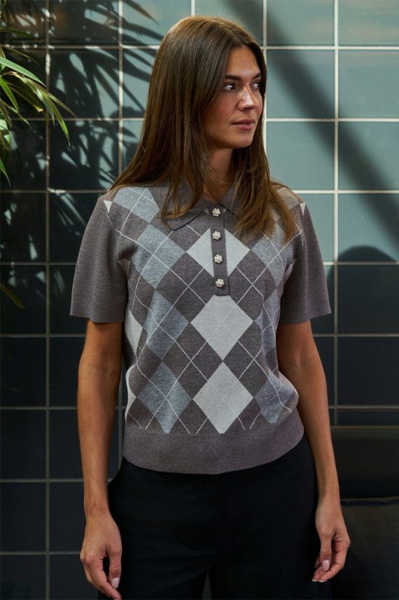 Gia Check Knit Blouse Dark Taupe