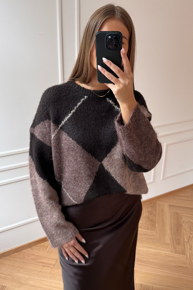 Inga Check Fluff Knit Blouse Dark Brown - Bilde 3