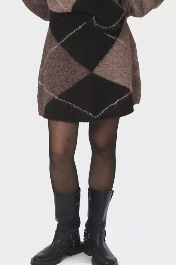 Gisa Check Fluff Knit Skir Dark Brown
