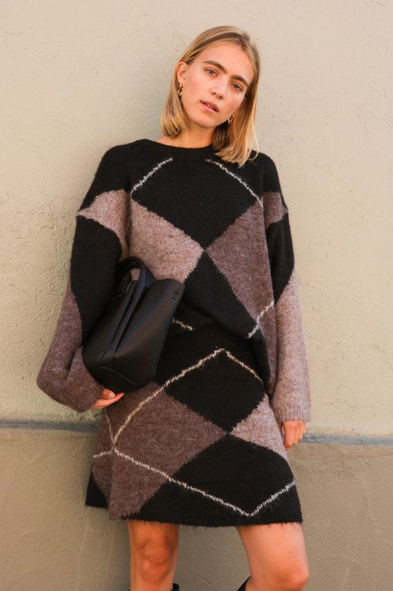 Gisa Check Fluff Knit Skirt Dark Brown