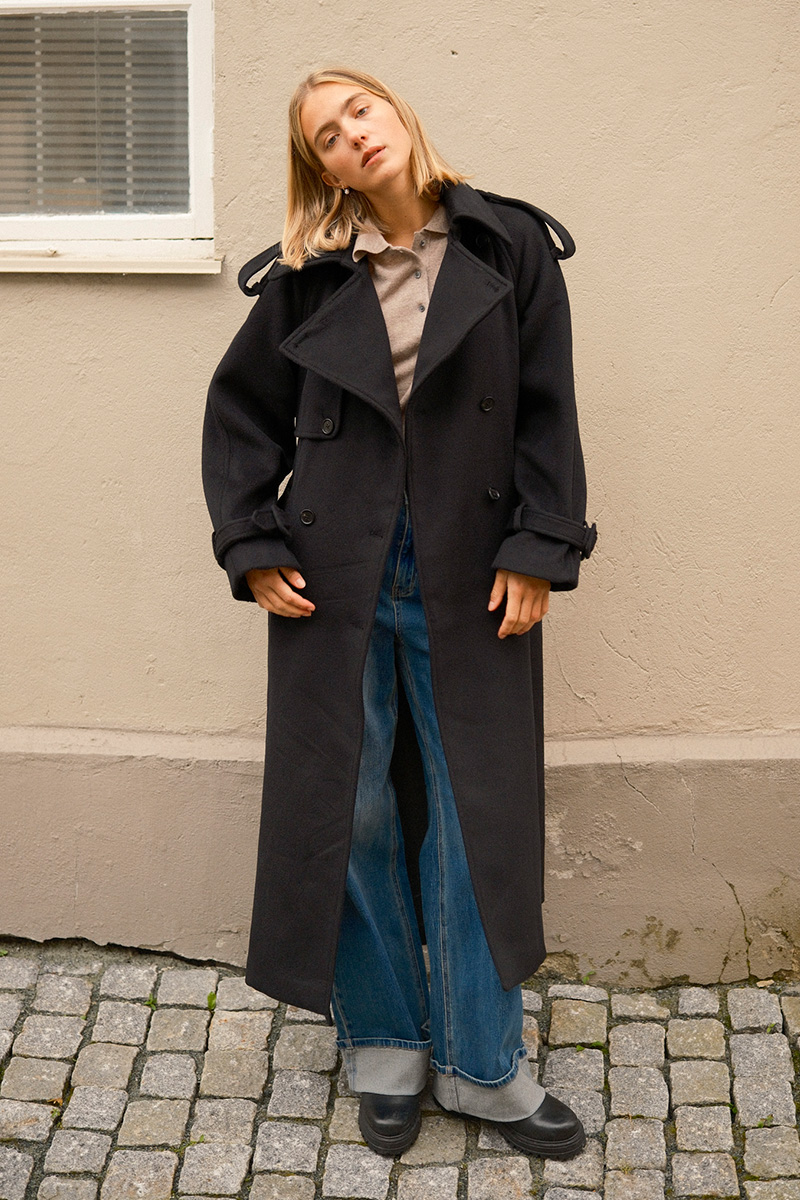 WMN Wool Trench Coat Black - Bilde 2