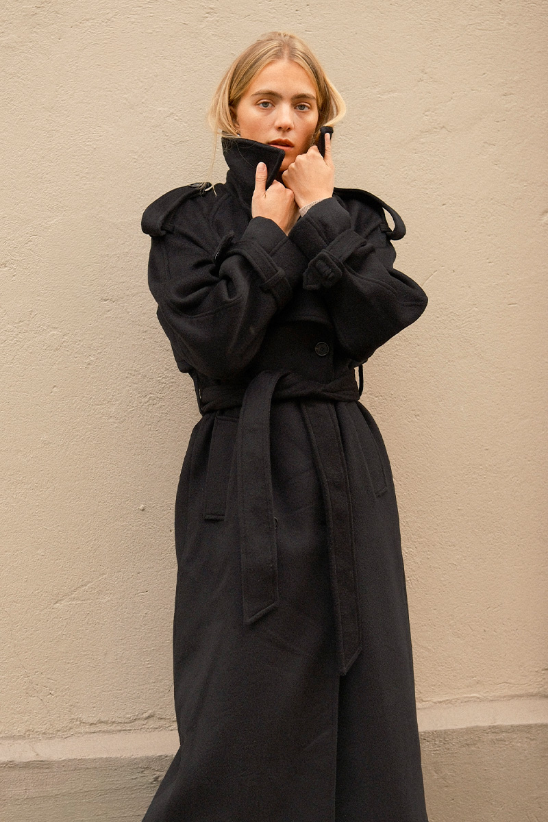 WMN Wool Trench Coat Black - Bilde 4