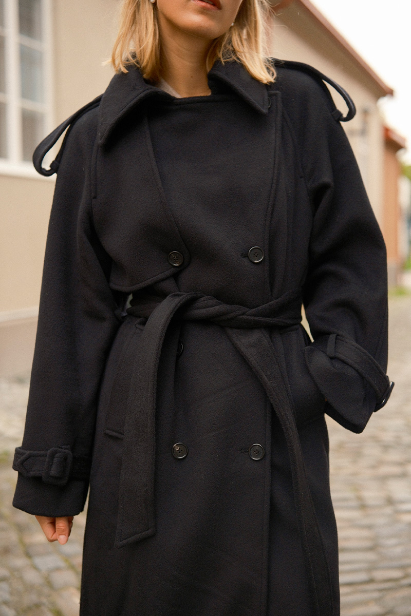WMN Wool Trench Coat Black - Bilde 5